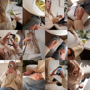 Vertical stock photos of woman working in bright modern café with laptop and matcha, faceless content aesthetic