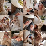 Vertical stock photos of woman working in bright modern café with laptop and matcha, faceless content aesthetic