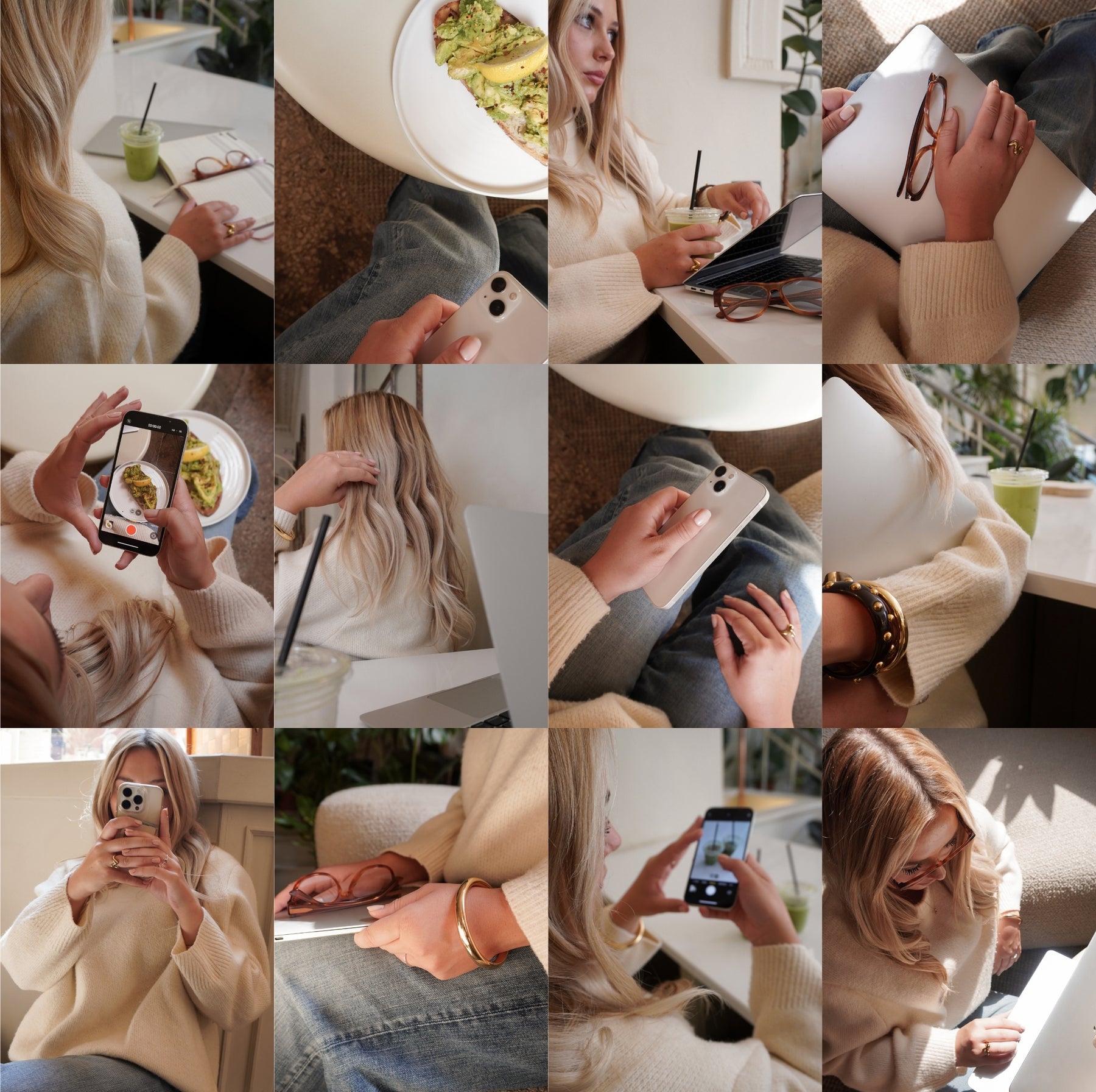 Vertical stock photos of woman working in bright modern café with laptop and matcha, faceless content aesthetic