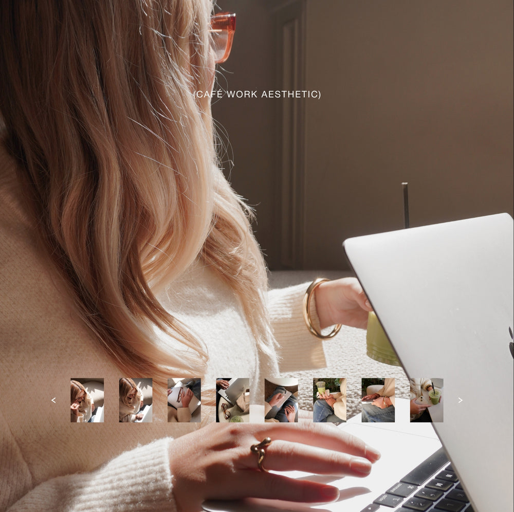 Vertical stock photos of woman working in bright modern café with laptop and matcha, faceless content aesthetic