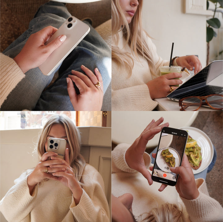 Vertical stock photos of woman working in bright modern café with laptop and matcha, faceless content aesthetic