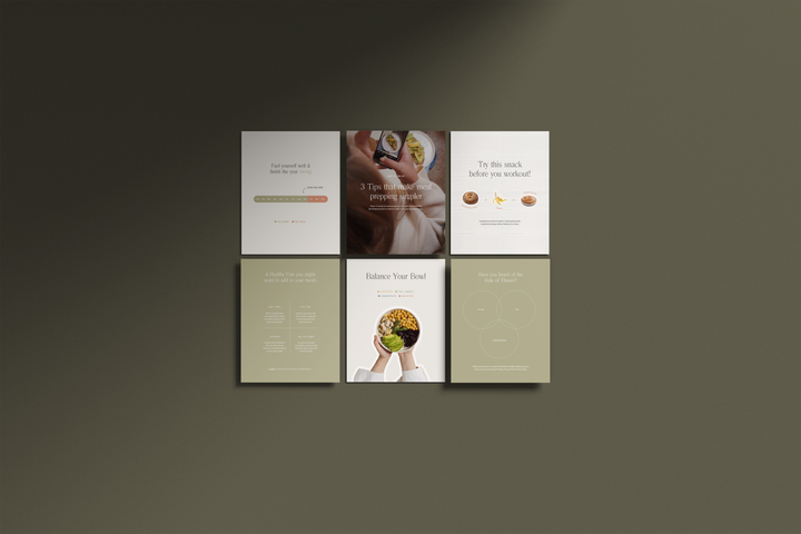 Instagram post and carousel templates for wellness brands, nutrition coaches, and self-care businesses. Aesthetic Canva templates designed for a cohesive Instagram grid layout. Editable and fully customisable social media template pack, perfect for wellness content, lifestyle brands, and content creators.