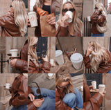 Vertical stock photos of woman walking on city street with sunglasses, coffee, and iPhone, faceless content aesthetic.