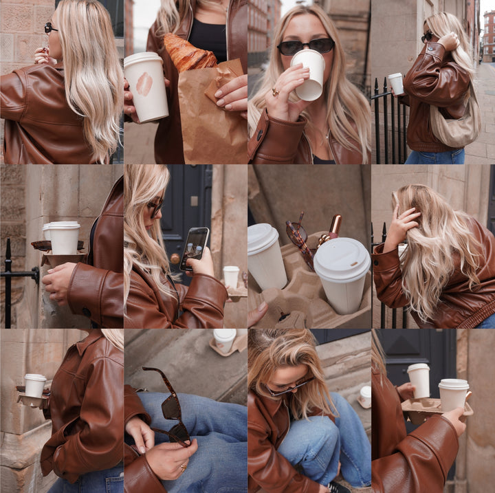 Vertical stock photos of woman walking on city street with sunglasses, coffee, and iPhone, faceless content aesthetic.
