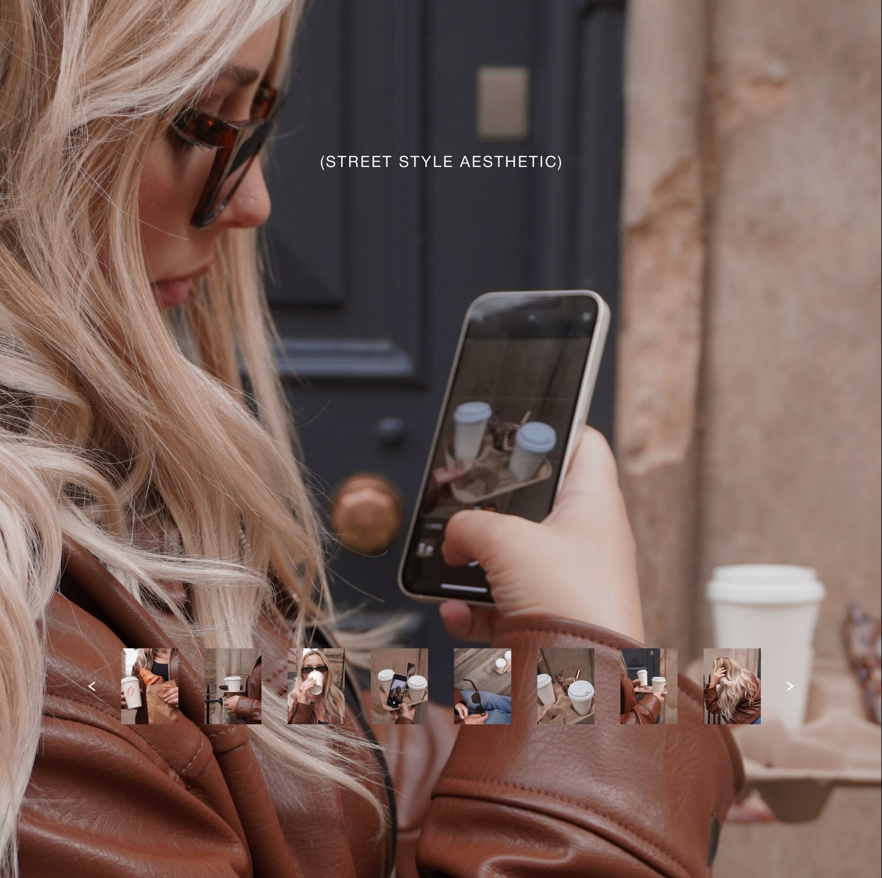 Vertical stock photo of woman walking on city street with sunglasses, coffee, and iPhone, faceless content aesthetic.