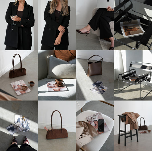 stock photo of editorial studio images with woman props including blazer, bag, and magazine in minimalist studio setting