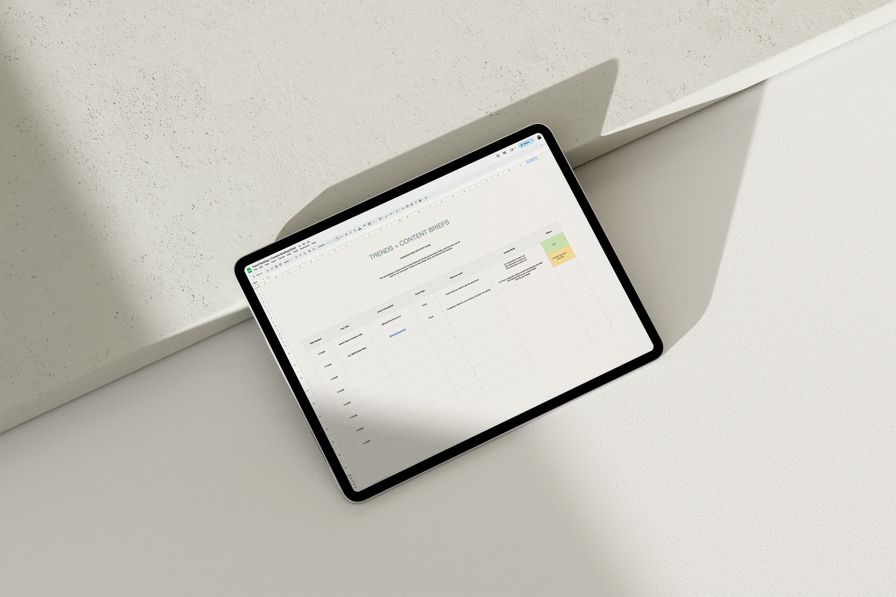 Trend Tracking and Content Briefing Google Sheet for social media managers client content. Track instagram reels, trending audios, and viral content. 