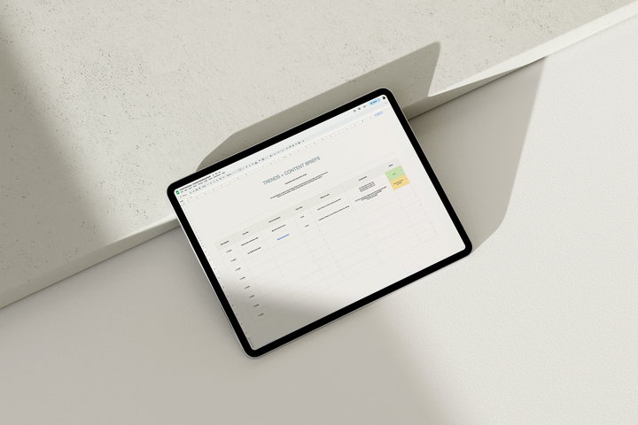 Trend Tracking and Content Briefing Google Sheet for social media managers client content. Track instagram reels, trending audios, and viral content. 